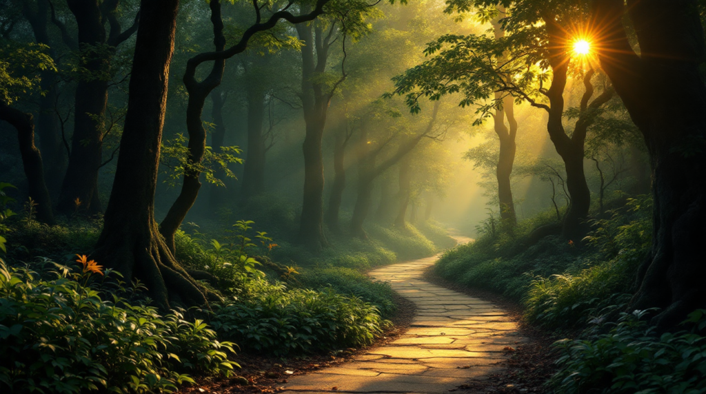 A winding stone path through a lush green forest, with sunlight breaking through the trees further along the way.