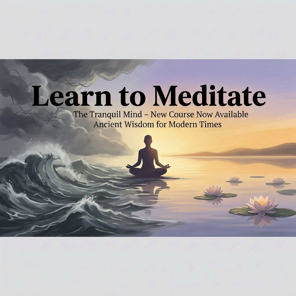 Illustration of a person meditating between turbulent waves and calm water with lotus flowers, symbolizing the shift from stress to tranquility
