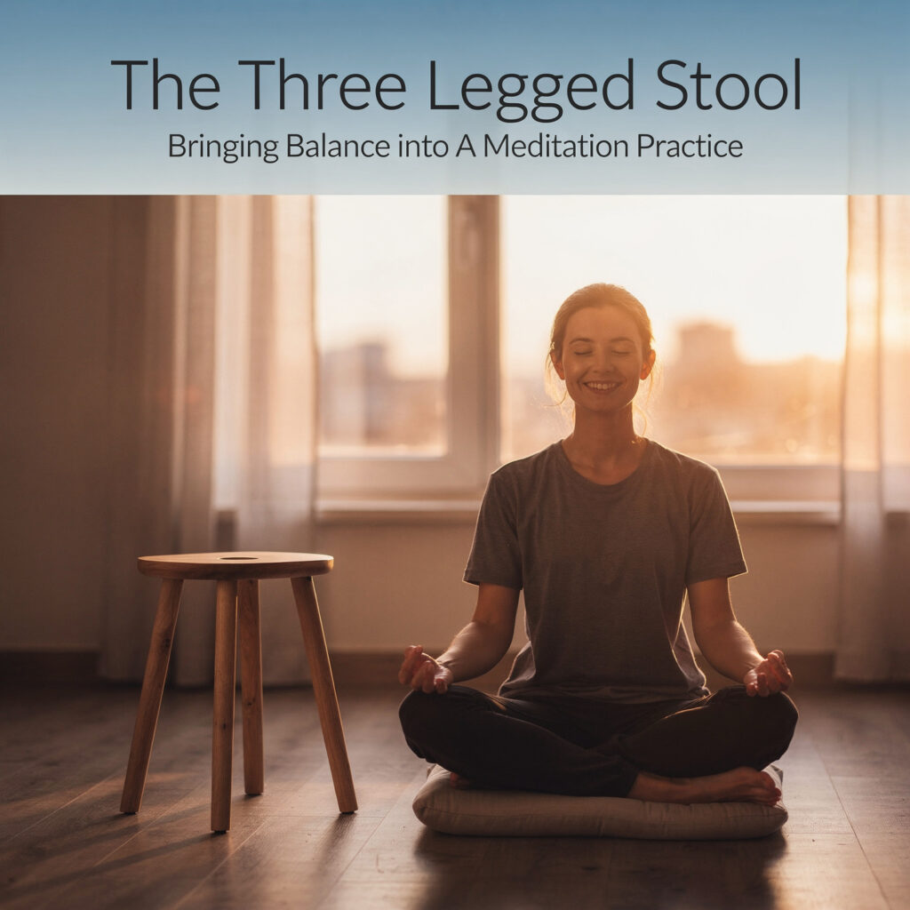 Woman meditating cross-legged beside a three-legged wooden stool, illustrating balance in meditation practice