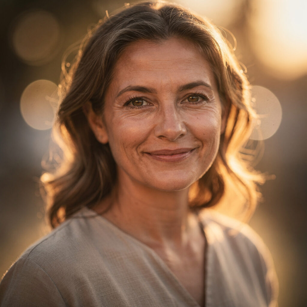 Woman smiling warmly in golden backlight, representing a spiritual friend in loving-kindness meditation