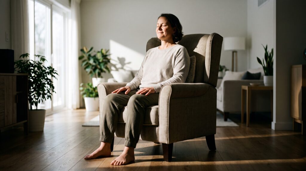 A person meditates while seated in an ordinary armchair, feet flat on the floor, hands resting on the thighs