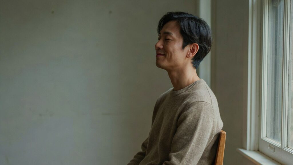 A man sits in a wooden chair by a sunlit window, eyes closed, with a slight, relaxed smile.