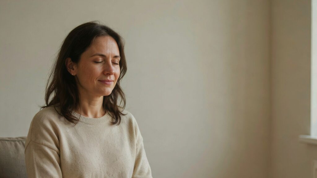 A woman sits alone in an armchair with her eyes closed and a soft, easy smile, warm daylight falling across her face.