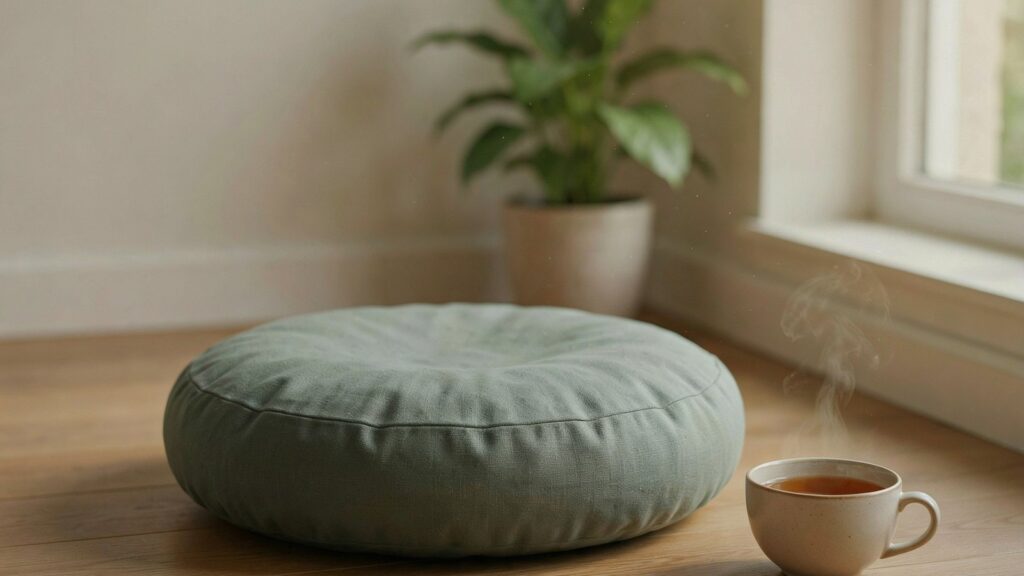 A round sage-green meditation cushion on a wooden floor beside a steaming cup of tea and a houseplant, in soft window light